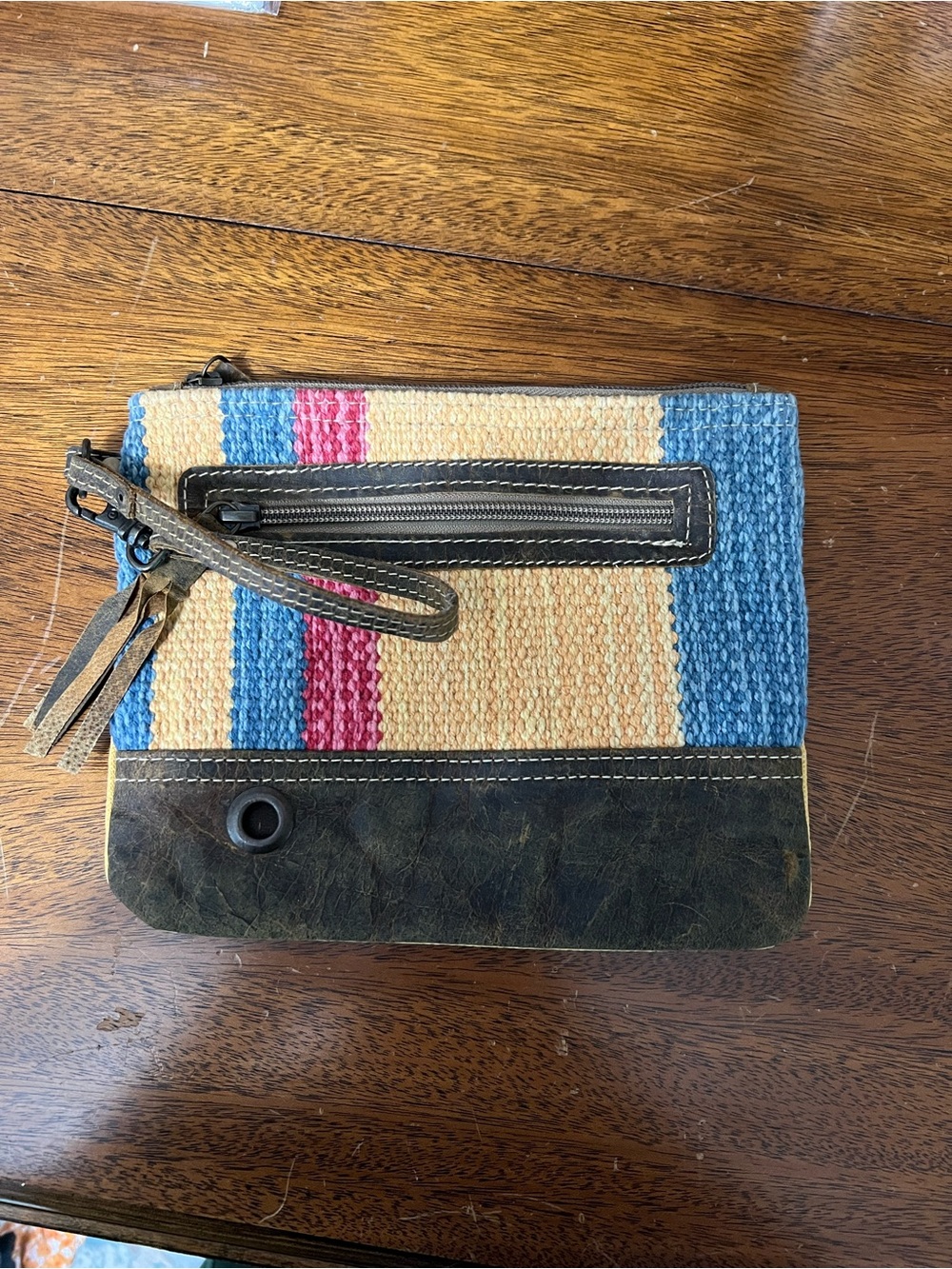 Myra Bag Blue, yellow & Pink Woven Wristlet Clutch